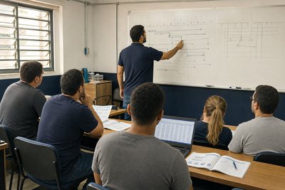 Instrutor detalha um cronograma de projeto no quadro enquanto a turma acompanha em material impresso