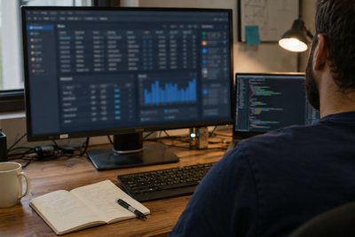Profissional acompanha um painel de indicadores em um monitor, com editor de código em uma segunda tela